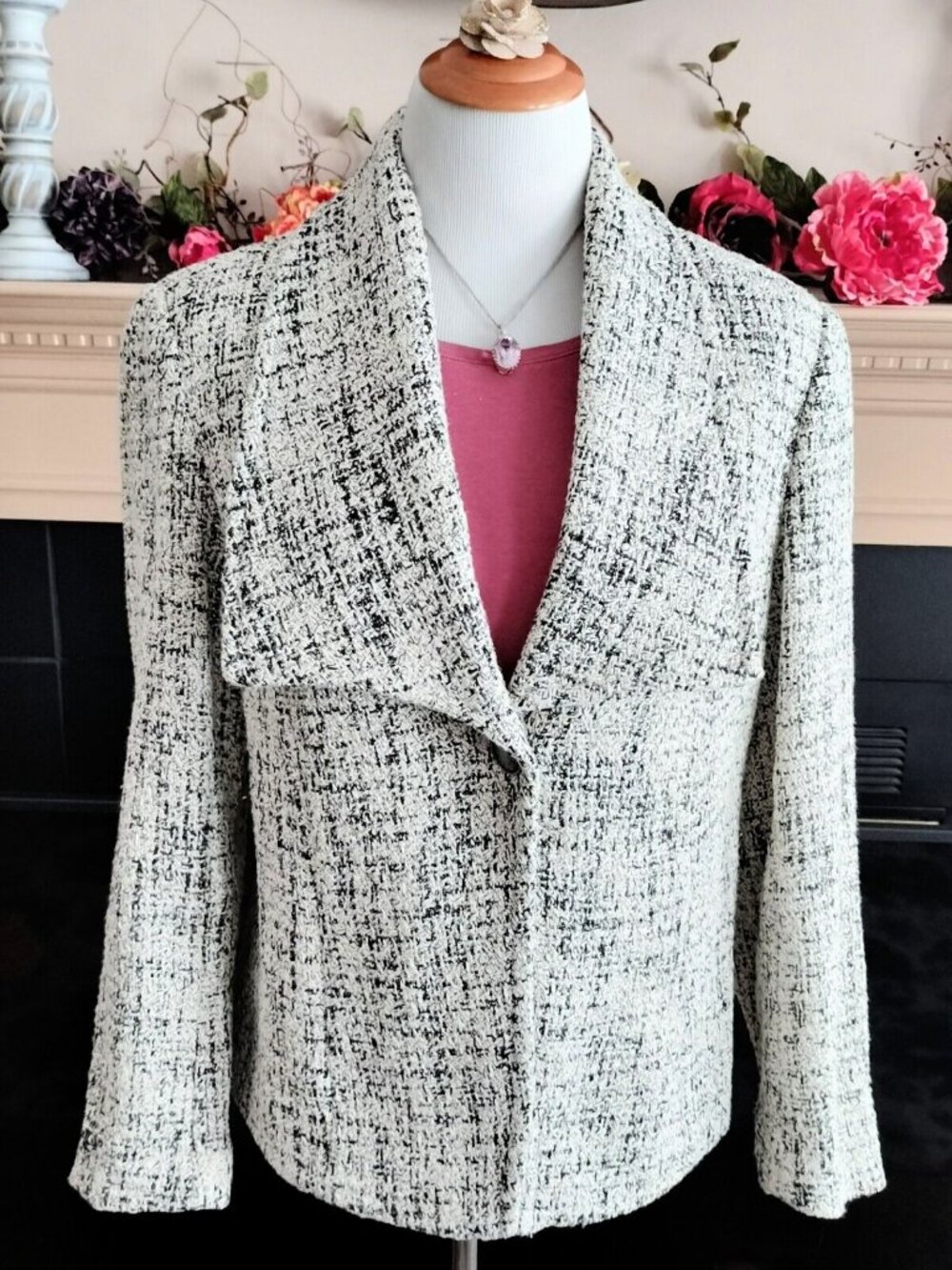 Coldwater Creek Single Button Woven Jacket 12 Black Cream Lined Very Nice